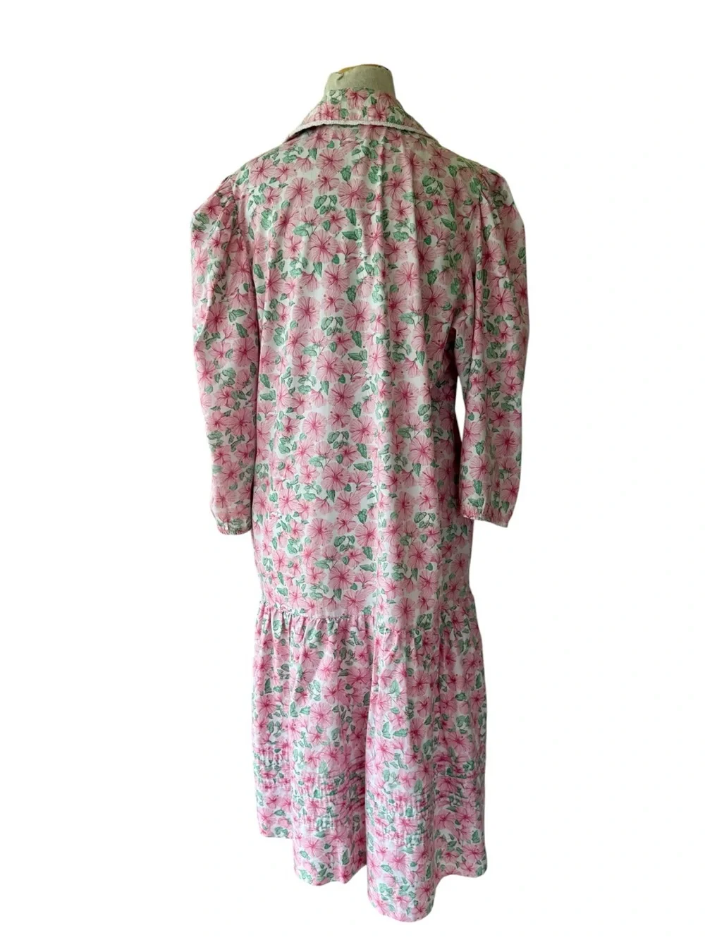 Vtg 80s  Models Coat Pink Floral XL House Dress Robe Puff Sleeve Sz L Cottage